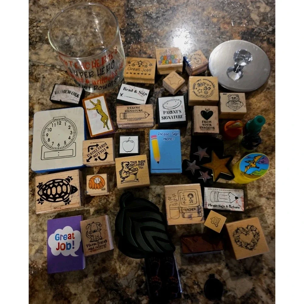 Teacher Homeschool. Classroom. 34 Random.Stamps Class Jar With Lid. Student